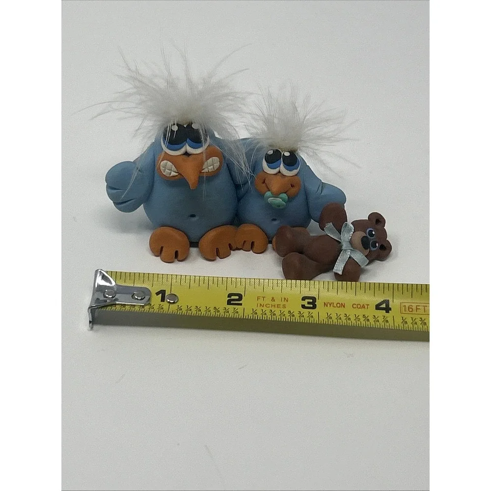 NEW Handmade Polymer Clay Figurine Two Blue Birds 1 Holding a Teddy w/ Pacifier